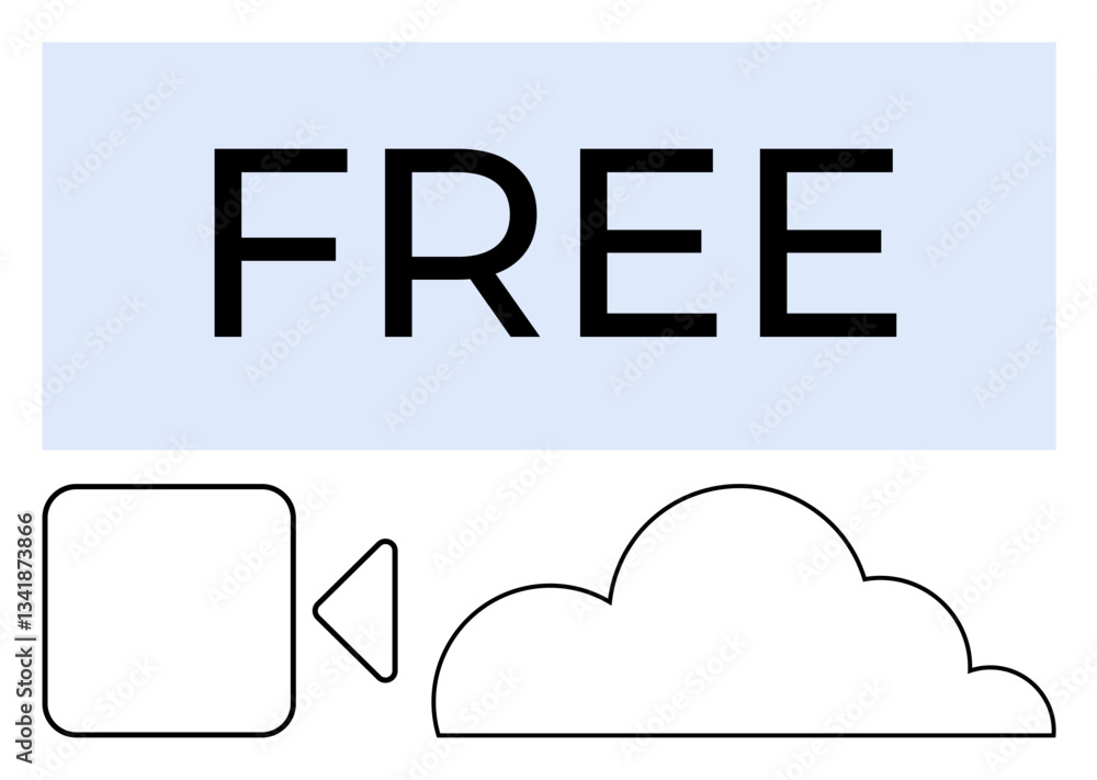 Fototapeta premium Bold FREE text above a video camera and cloud icon, suggesting free video storage, access, streaming, and sharing. Ideal for technology, media, cloud, freedom innovation accessibility flat simple