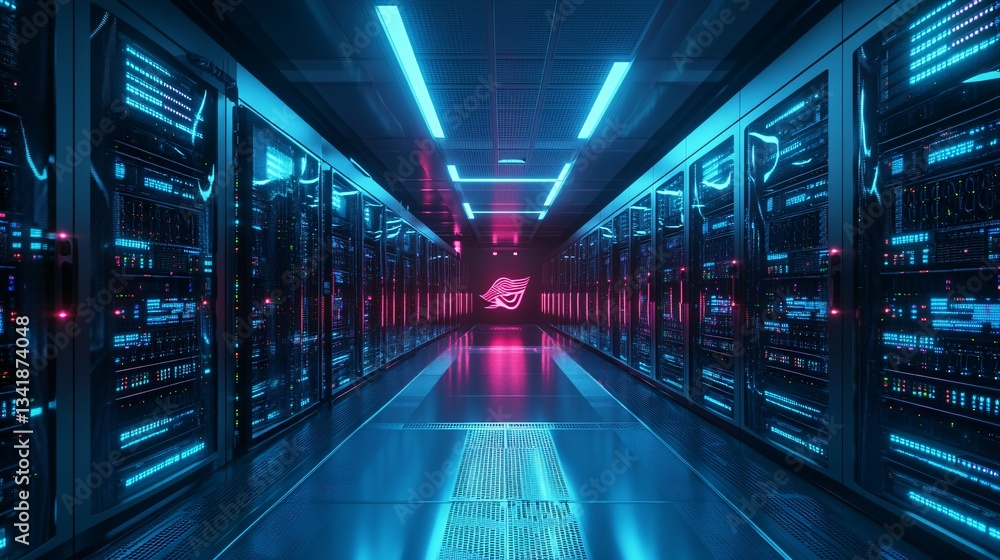 A futuristic data center hallway showcasing servers and neon lights A futuristic data center hallway showcasing servers and neon lights