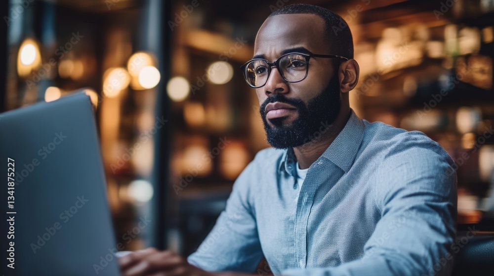 Focused Man Wearing Glasses Working on Laptop in Modern Urban Workspace with Warm Lighting Focused Man Wearing Glasses Working on Laptop in Modern Urban Workspace with Warm Lighting