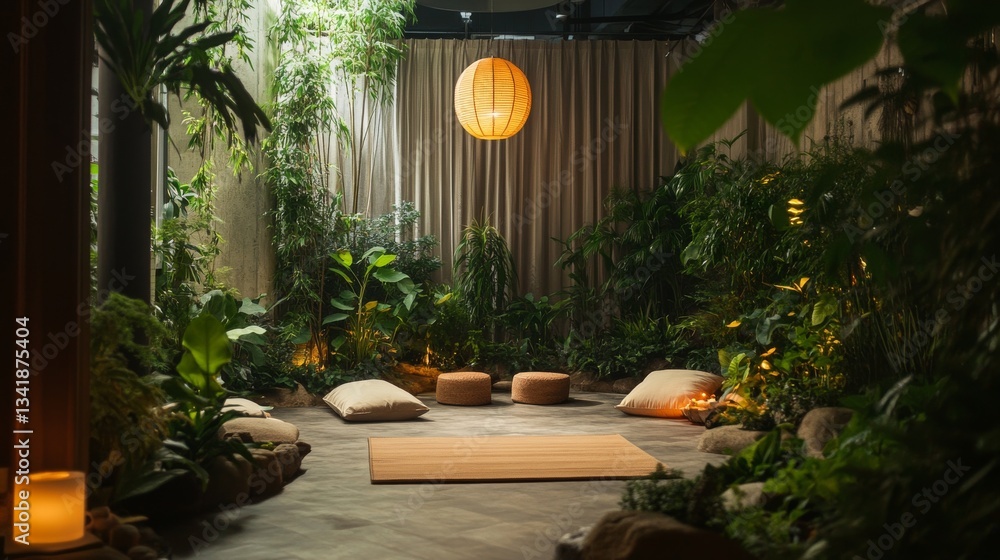 Fototapeta premium Indoor Relaxation Space Surrounded by Lush Greenery and Soft Ambient Lighting in Tranquil Atmosphere