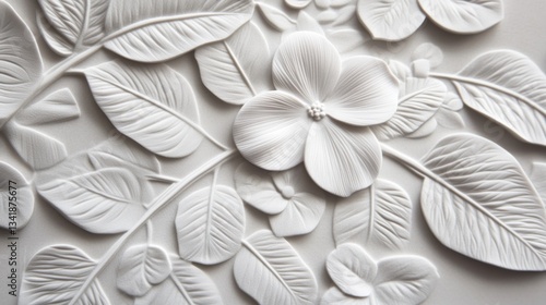 Ornate floral relief design, featuring detailed leaves and blossoms in a light gray tone.  A textured surface with a 3D effect