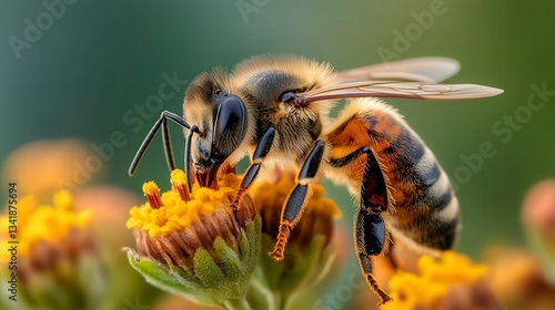 close up of bee on the flower, bee on flower in the nature