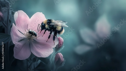 close up of bee on the flower, bee on flower in the nature