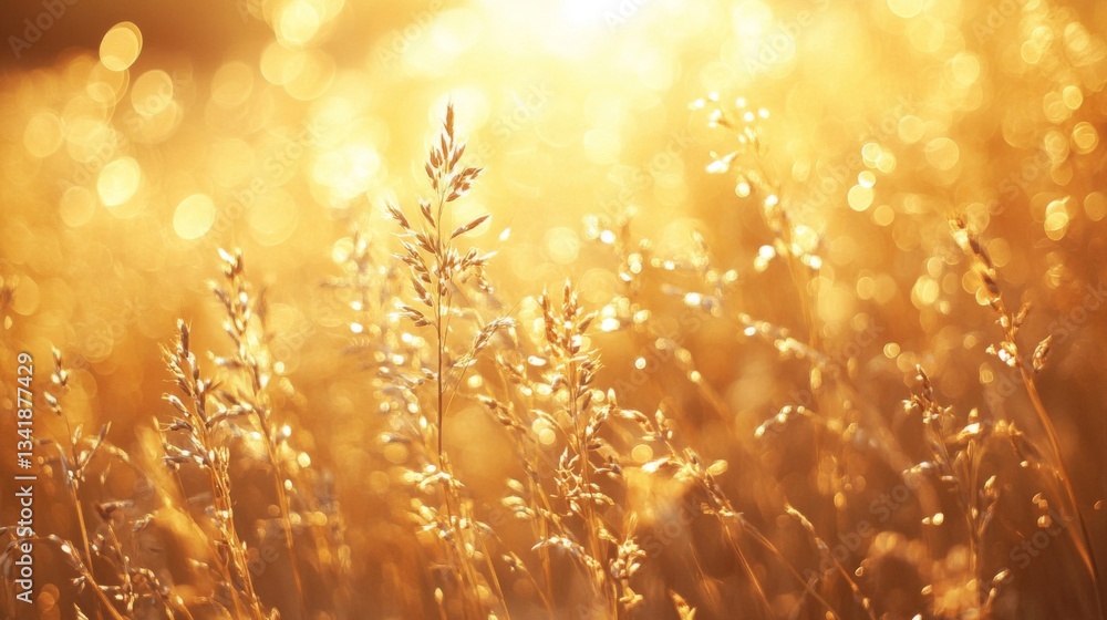 Fototapeta premium Golden Grass Field at Sunset with Bokeh Lighting