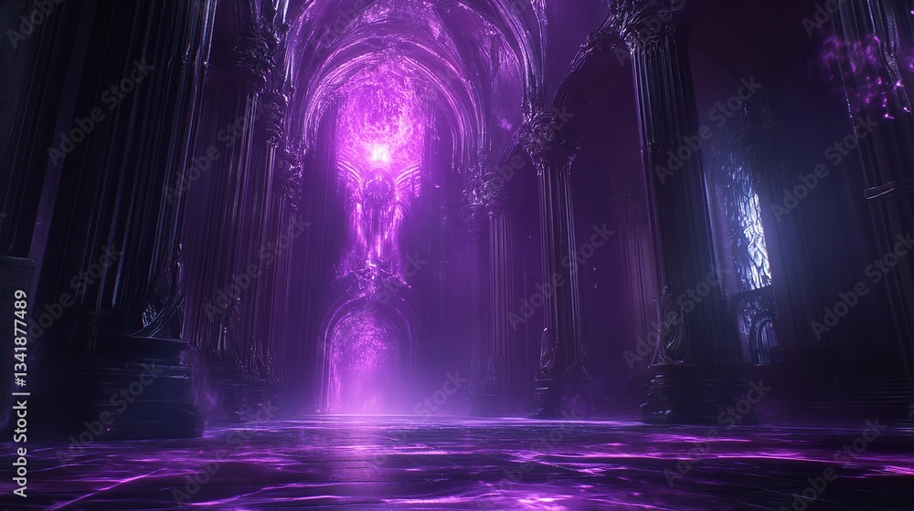 A mystical purple portal beckons within an ancient, gothic cathedral, its radiant energy illuminating the shadowed stone architecture with ethereal light. A mystical purple portal beckons within an ancient, gothic cathedral, its radiant energy illuminating the shadowed stone architecture with ethereal light.