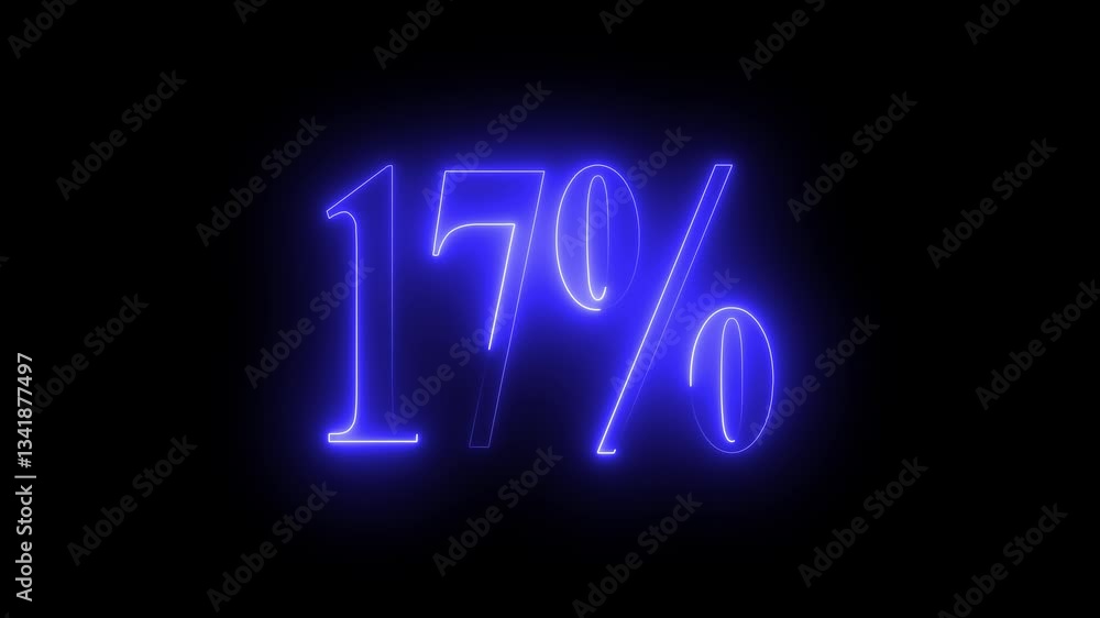 17% number text animation by blue color neon on black background. 17% number text animation by blue color neon on black background.