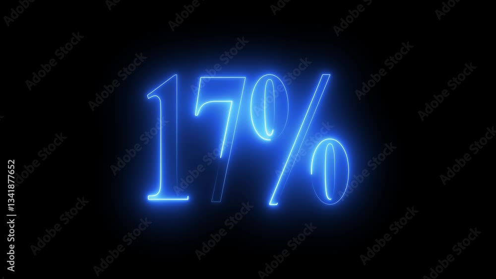 17% number text animation by cyan color neon on black background. 17% number text animation by cyan color neon on black background.