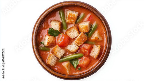 Delicious green bean and tomato soup with croutons in rustic wooden bowl