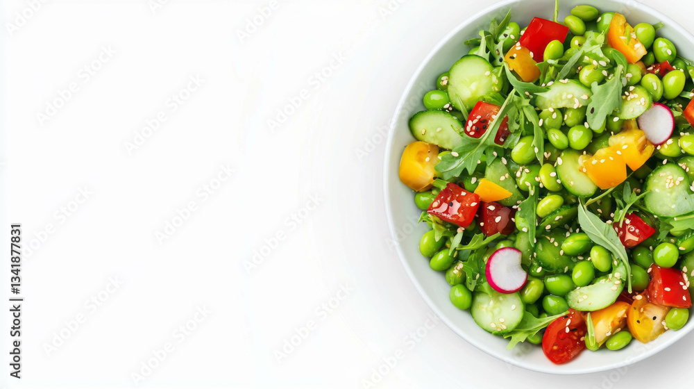 Fresh green pea and edamame salad with vegetables and seeds for healthy eating design Fresh green pea and edamame salad with vegetables and seeds for healthy eating design