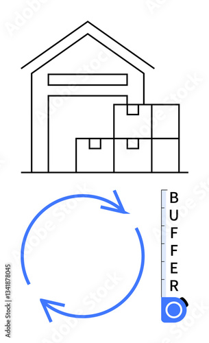 Warehouse with stacked boxes, circular flow arrows, and buffer level indicator gauge. Ideal for logistics, storage, supply chain, inventory control, operations, production planning flat simple