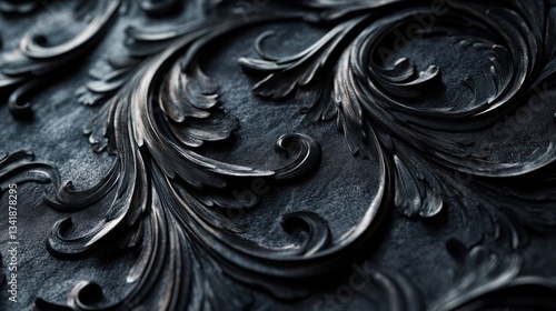 Dark, intricate, carved, ornate, floral pattern. Detailed, relief sculpture, black, textured surface
