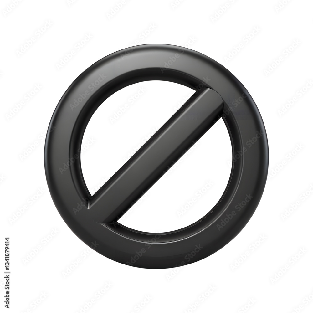 A black three-dimensional circle with a diagonal line, a minimalist prohibition symbol with a glossy effect. A black three-dimensional circle with a diagonal line, a minimalist prohibition symbol with a glossy effect.