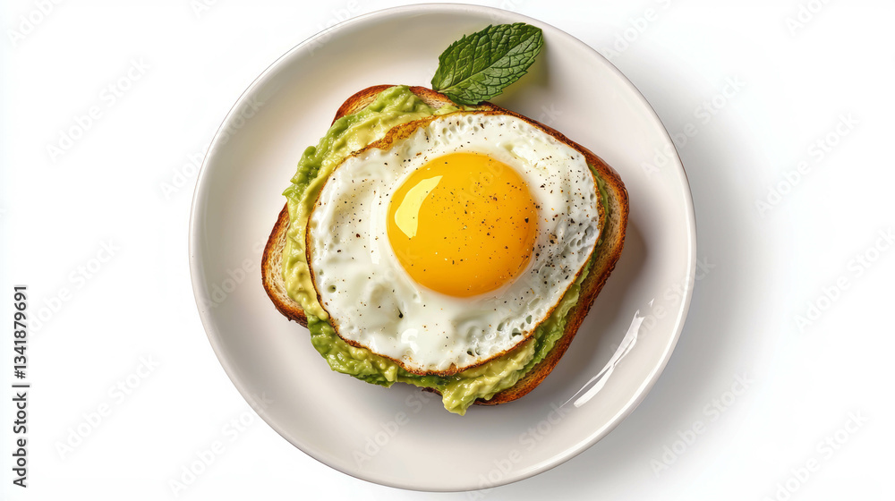 Delicious avocado toast with sunny side up egg and fresh mint garnish Delicious avocado toast with sunny side up egg and fresh mint garnish
