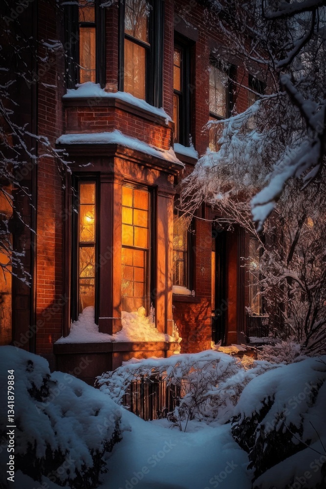 Amidst a peaceful neighborhood blanketed in snow, an old brick building emanates a warm glow, creating a cozy atmosphere on a winter evening Amidst a peaceful neighborhood blanketed in snow, an old brick building emanates a warm glow, creating a cozy atmosphere on a winter evening