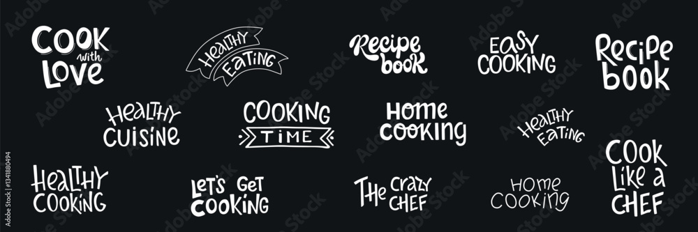 Fototapeta premium Healthy cooking hand drawing lettering quotes set for design template recipe book, foodie illustration, printable culinary art design. Vector stock illustration isolated on black background.