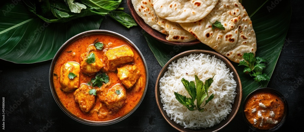 Delicious Indian Cuisine: Butter Chicken, Rice, and Naan Delicious Indian Cuisine: Butter Chicken, Rice, and Naan