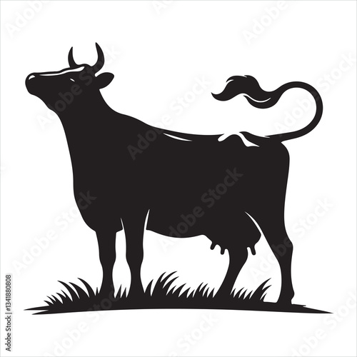 Black silhouette of a standing cow, on a clean white background