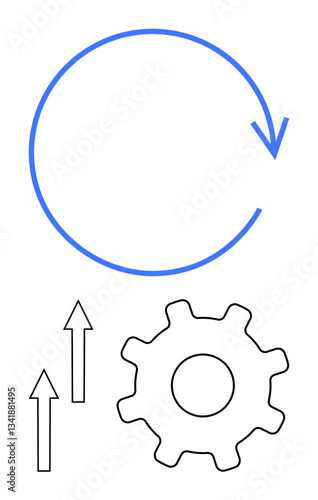 Circular arrow over gear with two upward arrows, symbolizing process refinement, growth, and efficiency. Ideal for workflow, productivity, innovation, upgrade automation strategy improvement. Flat