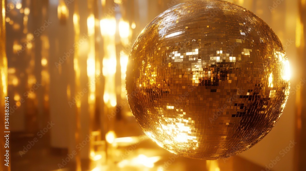 Obraz premium A shiny, golden disco ball reflects light, creating a vibrant atmosphere, ideal for parties and celebrations.