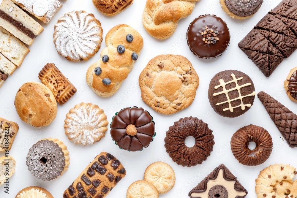 Variety of assorted baked goods. Assortment of cookies, breadstuff on a white background, full frame. Various kinds of pastries arrangement. Healthy snacks. Bakery products. Bread making business. Variety of assorted baked goods. Assortment of cookies, breadstuff on a white background, full frame. Various kinds of pastries arrangement. Healthy snacks. Bakery products. Bread making business.