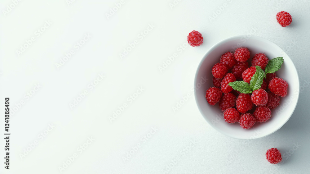 Fresh raspberries in white bowl with mint leaves for healthy eating and summer desserts Fresh raspberries in white bowl with mint leaves for healthy eating and summer desserts