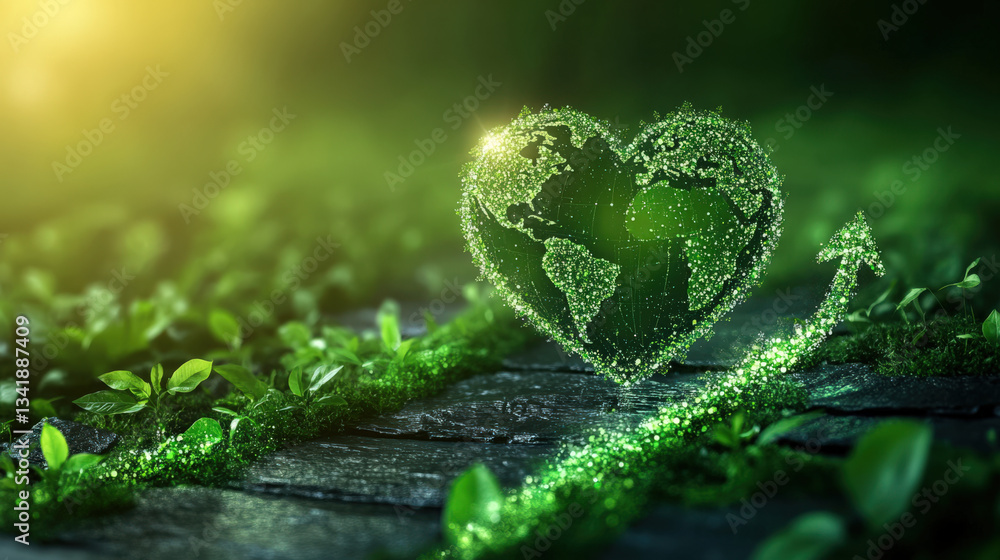 A digital infographic showing an green heart earth made by green leaves and a heart, sustainability life. A digital infographic showing an green heart earth made by green leaves and a heart, sustainability life.