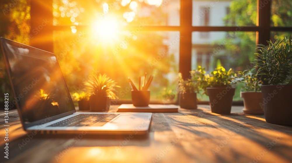 Fototapeta premium Laptop on Wooden Desk with Plants in Warm Sunrise Light