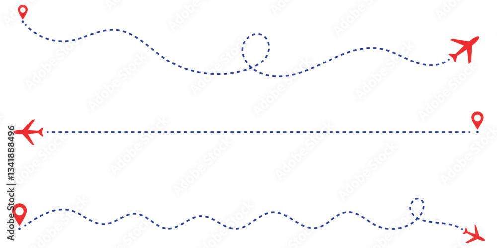 Airplane dotted route line set. Path travel line shapes. Flight route with start point and dash line trace for plane. Airplane line path icon. Airplane flight route with line trace vector illustration Airplane dotted route line set. Path travel line shapes. Flight route with start point and dash line trace for plane. Airplane line path icon. Airplane flight route with line trace vector illustration