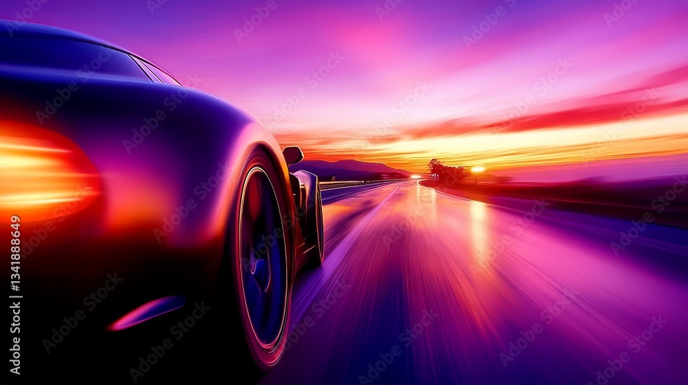 Dynamic view of a sleek sports car racing along a vibrant sunset-lit highway Dynamic view of a sleek sports car racing along a vibrant sunset-lit highway