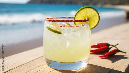 Spicy margarita with lime and chili on a wooden table near the ocean. A refreshing tequila-based cocktail with a tangy citrus kick and fiery spice, perfect for tropical summer vibes

