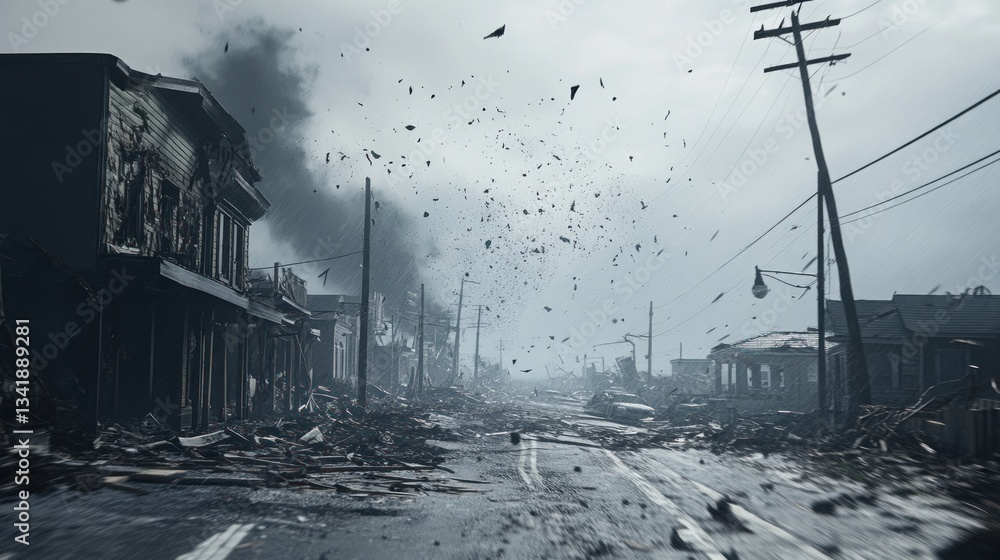 Fototapeta premium Devastation aftermath in a deserted cityscape, a grim reminder of disaster