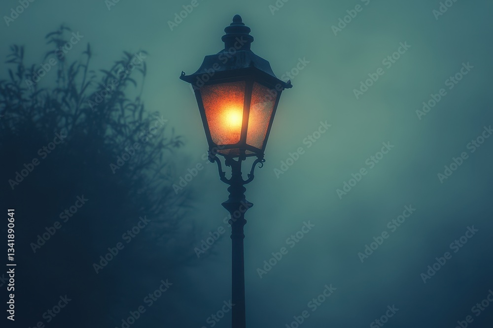 Soft glow of a street lamp illuminating foggy surroundings at night Soft glow of a street lamp illuminating foggy surroundings at night