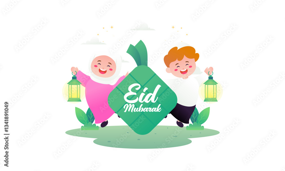 Naklejka premium Eid Mubarak with Cute Kids Cartoon Illustration. Happy Muslim Boy and Girl Celebrate Eid Mubarak with Ketupat and Playing The Lantern. 