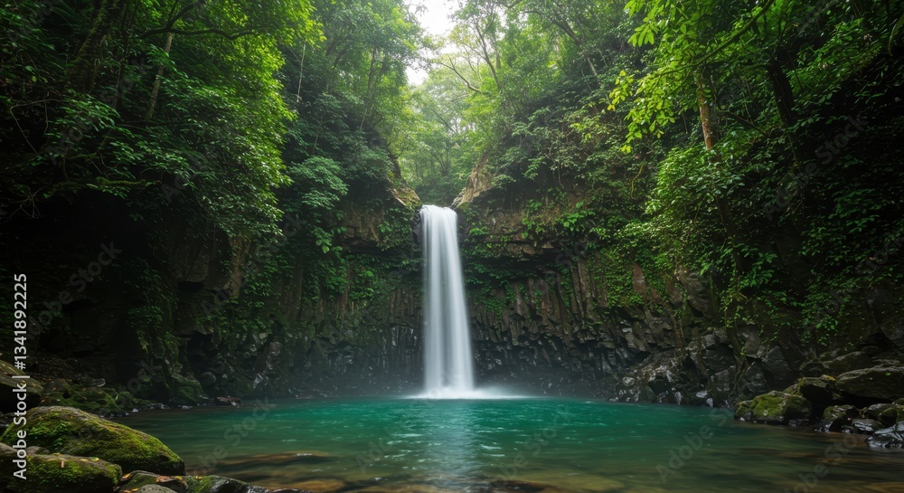 Obraz premium Serene waterfall cascading into a tranquil pool surrounded by lush greenery