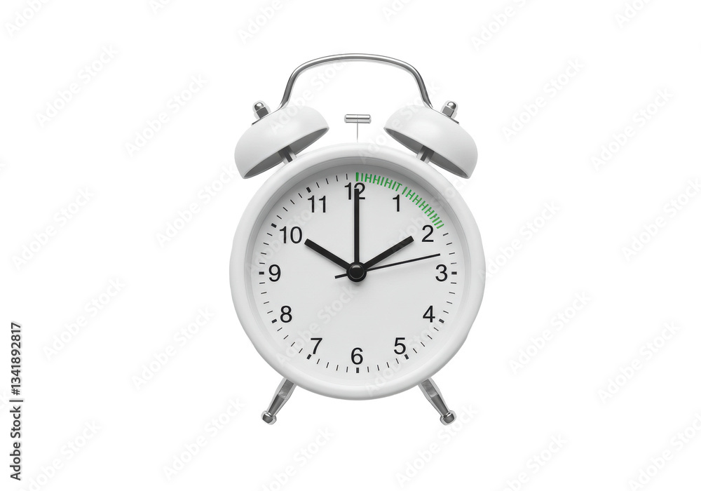 Daylight saving time. White alarm clock on white background, top view. Highlighted area and arrow showing time change by one hour forward Daylight saving time. White alarm clock on white background, top view. Highlighted area and arrow showing time change by one hour forward