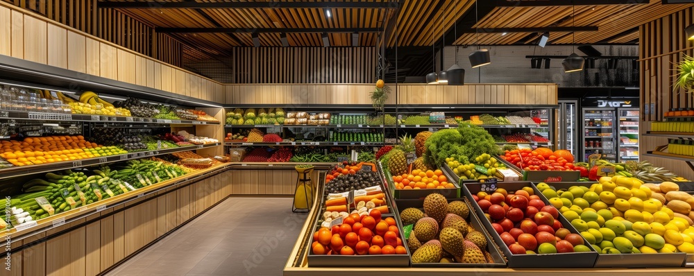 A supermarket with lots of fresh and healthy fruits and vegetables on shelves