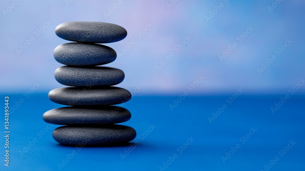 Stacked smooth black stones on a vibrant blue background showcasing tranquility and balance Stacked smooth black stones on a vibrant blue background showcasing tranquility and balance
