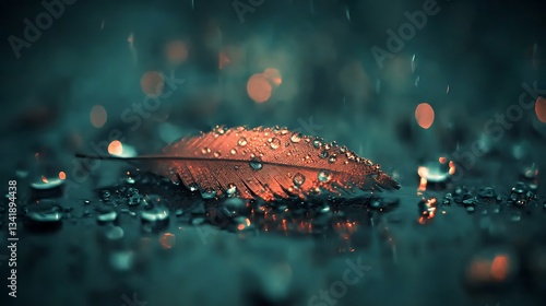 A single feather covered with water droplets and rain falling