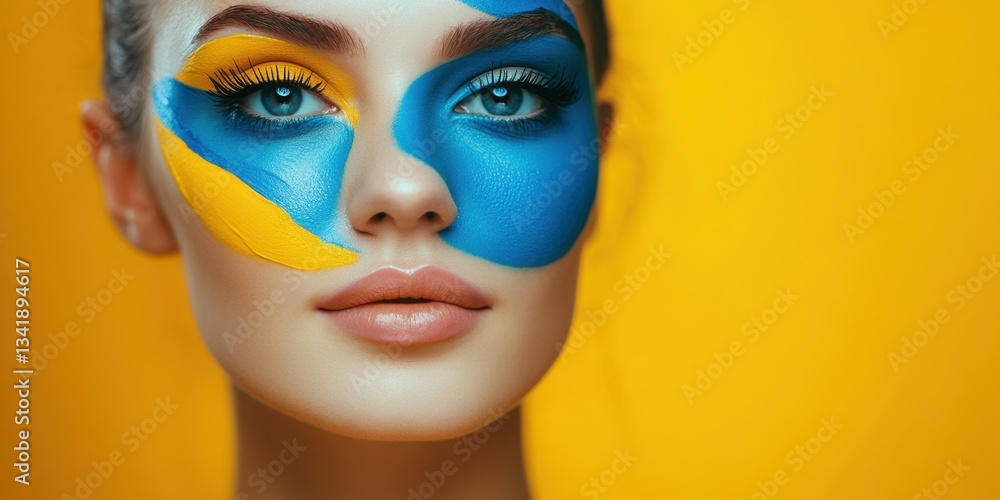 Artistic Face Paint: A captivating close-up of a woman's face adorned with a vibrant, artistic face paint design, blending bold colors and intricate details. Artistic Face Paint: A captivating close-up of a woman's face adorned with a vibrant, artistic face paint design, blending bold colors and intricate details.