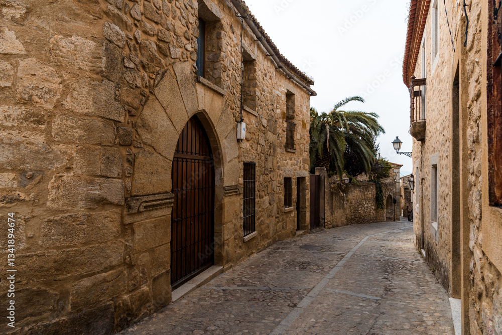 Fototapeta premium Explore a winding cobblestone street surrounded by historic stone buildings in Trujillo, Spain.