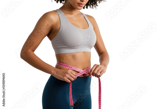 Woman measuring waist circumference isolated on White background