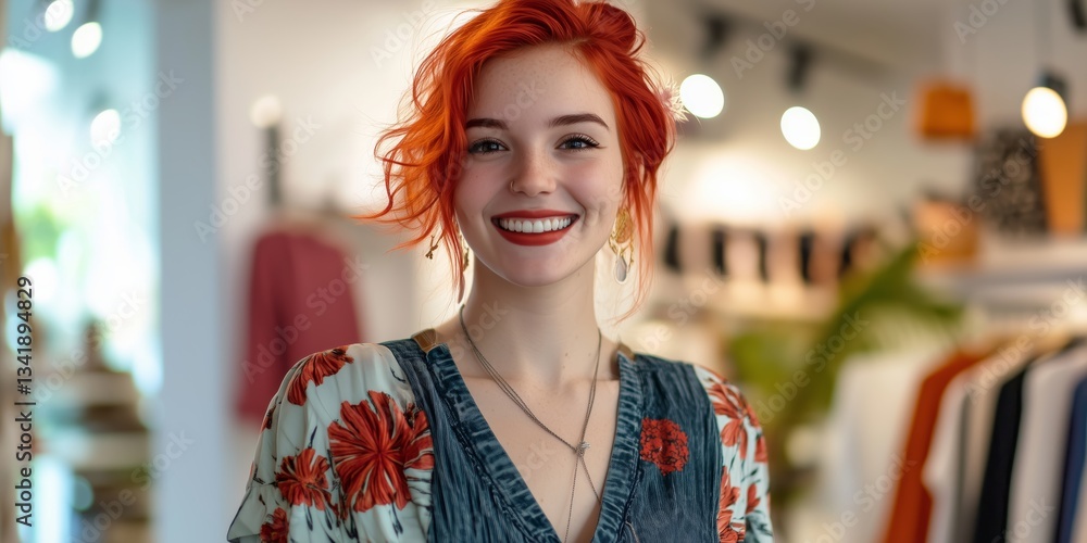 a friendly and attractive saleswoman in a clothing store and boutique