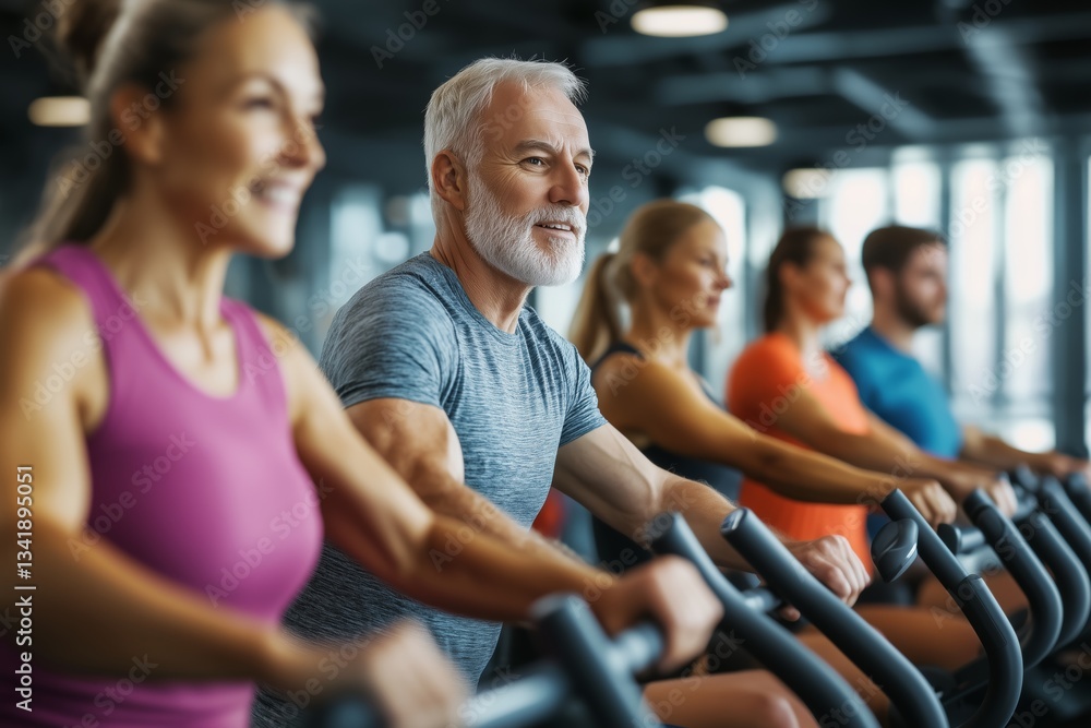 old aged happy senior couple doing sports in a gymnastics studio
