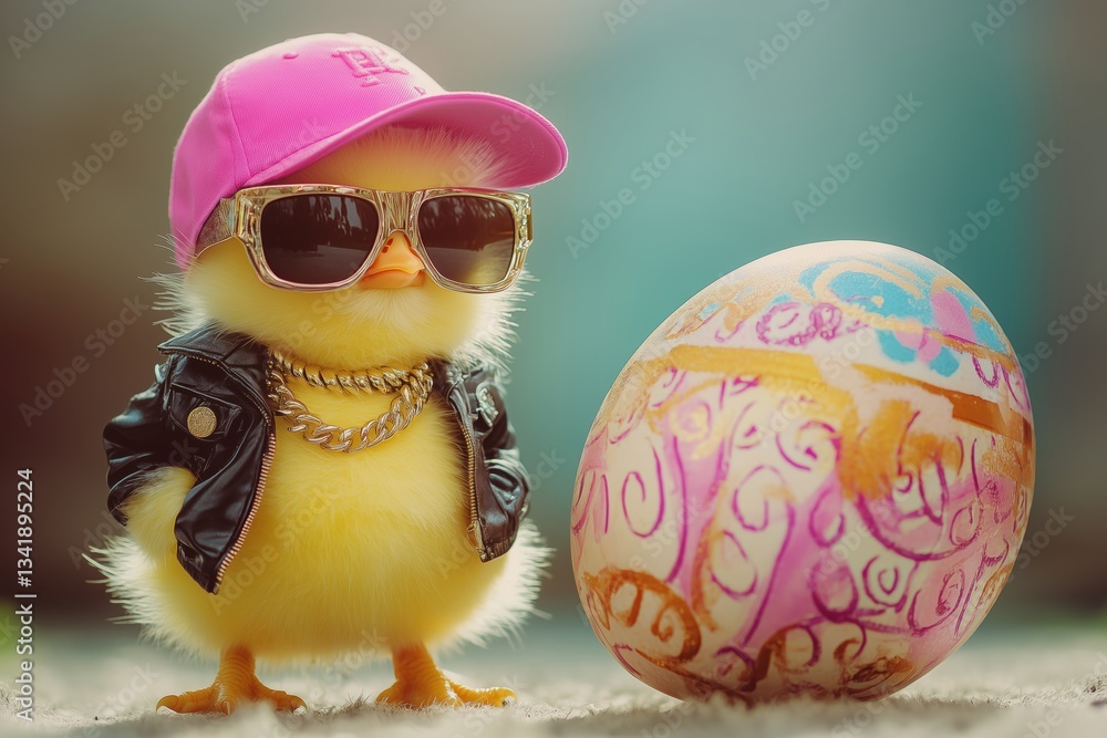 cute young fluffy Easter chick baby with cap and sunglasses