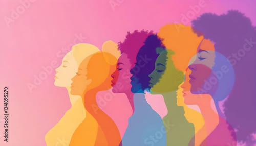 Colorful silhouettes, diverse women, profile view, overlapping faces, vibrant hair colors