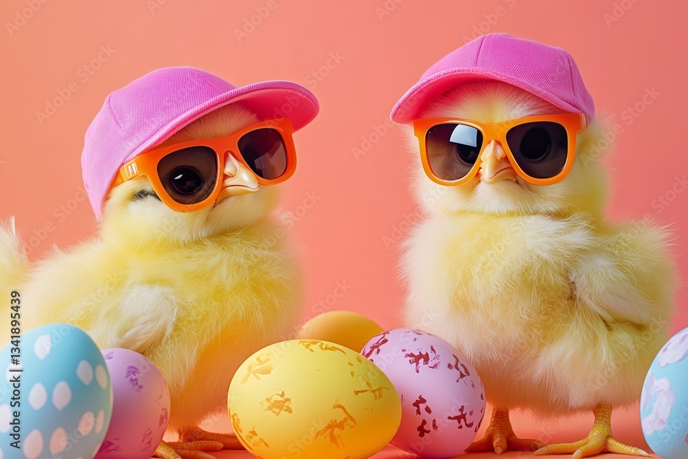 cute young fluffy Easter chick baby with cap and sunglasses