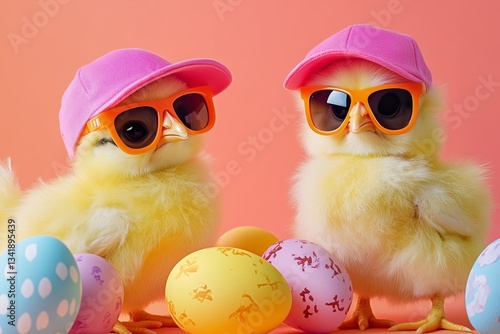 Obraz na płótnie cute young fluffy Easter chick baby with cap and sunglasses w salonie