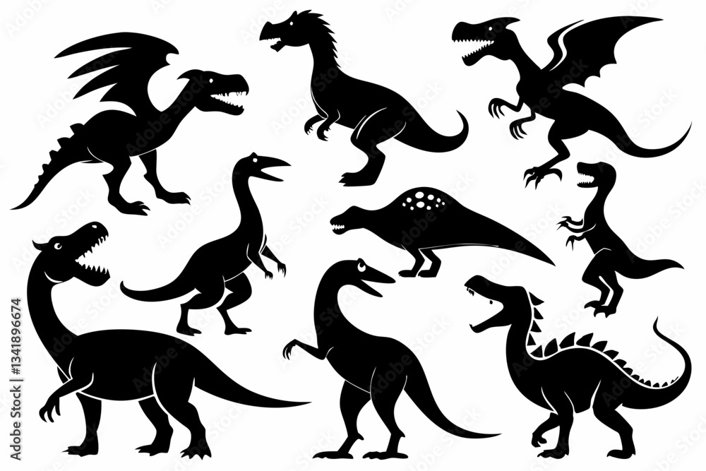 Obraz premium set of dinosaurs line art silhouette vector illustration