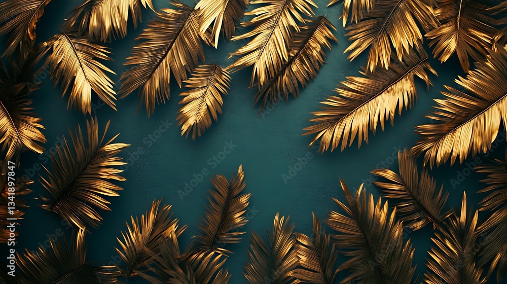 Naklejka premium Golden Palm Leaves Border on Dark Background