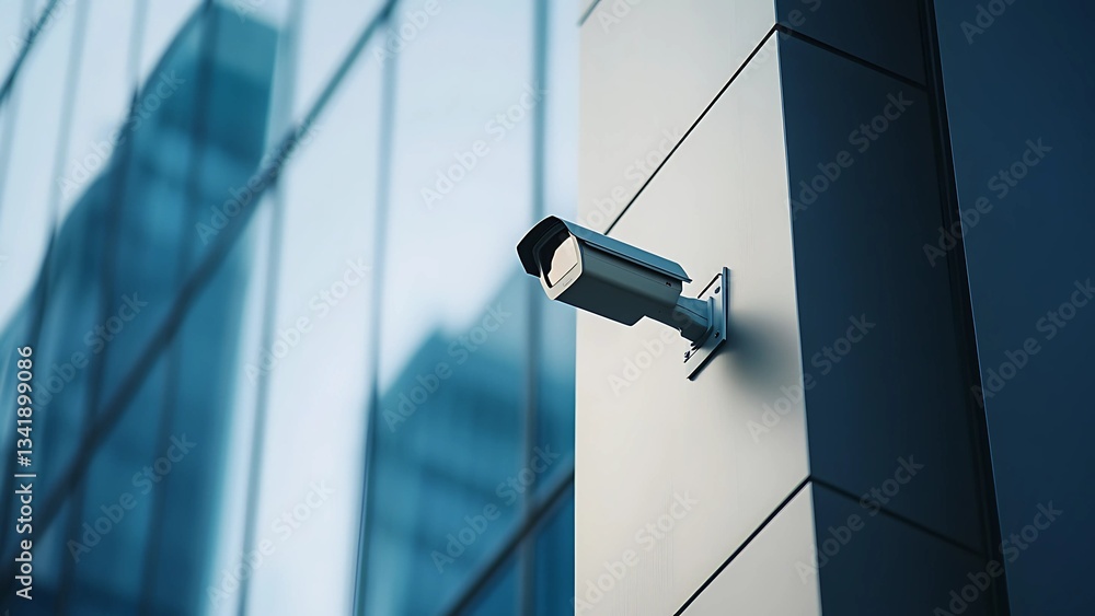 Security surveillance camera mounted on modern building wall with glass reflection view
Security surveillance camera mounted on modern building wall with glass reflection view